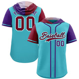 Custom Sky Blue Crimson and Purple Split Fashion Raglan Sleeves Authentic Baseball Hoodie Jersey