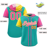 Custom Aqua Gold and Pink Split Fashion Raglan Sleeves Authentic Baseball Hoodie Jersey
