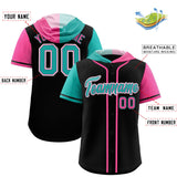Custom Black Aqua and Pink Split Fashion Raglan Sleeves Authentic Baseball Hoodie Jersey