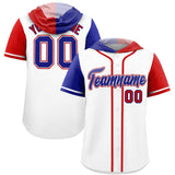 Custom White Royal and Red Split Fashion Raglan Sleeves Authentic Baseball Hoodie Jersey