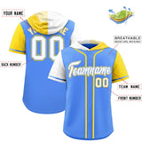 Custom Powder Blue White and Gold Split Fashion Raglan Sleeves Authentic Baseball Hoodie Jersey