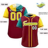 Custom Crimson Aqua and Gold Split Fashion Raglan Sleeves Authentic Baseball Hoodie Jersey