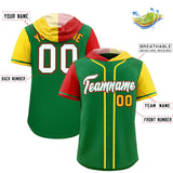Custom Kelly Green Red and Gold Split Fashion Raglan Sleeves Authentic Baseball Hoodie Jersey