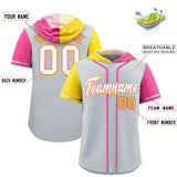 Custom Silver Gold and Pink Split Fashion Raglan Sleeves Authentic Baseball Hoodie Jersey