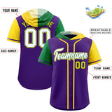 Custom Purple Kelly Green and Gold Split Fashion Raglan Sleeves Authentic Baseball Hoodie Jersey