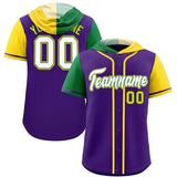 Custom Purple Kelly Green and Gold Split Fashion Raglan Sleeves Authentic Baseball Hoodie Jersey