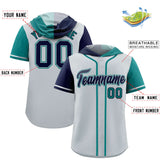 Custom Silver Navy and Aqua Split Fashion Raglan Sleeves Authentic Baseball Hoodie Jersey