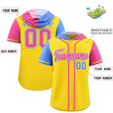 Custom Gold Powder Blue and Pink Split Fashion Raglan Sleeves Authentic Baseball Hoodie Jersey