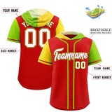 Custom Red Gold and Neon Green Split Fashion Raglan Sleeves Authentic Baseball Hoodie Jersey