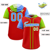 Custom Red Powder Blue and Neon Green Split Fashion Raglan Sleeves Authentic Baseball Hoodie Jersey