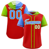 Custom Red Powder Blue and Neon Green Split Fashion Raglan Sleeves Authentic Baseball Hoodie Jersey