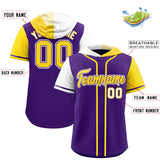 Custom Purple White and Gold Split Fashion Raglan Sleeves Authentic Baseball Hoodie Jersey