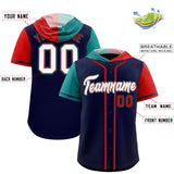 Custom Navy Aqua and Red Split Fashion Raglan Sleeves Authentic Baseball Hoodie Jersey
