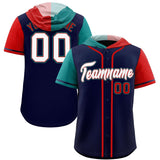 Custom Navy Aqua and Red Split Fashion Raglan Sleeves Authentic Baseball Hoodie Jersey