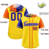 Custom Gold Royal and Orange Split Fashion Raglan Sleeves Authentic Baseball Hoodie Jersey