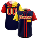 Custom Navy Gold and Red Split Fashion Raglan Sleeves Authentic Baseball Hoodie Jersey