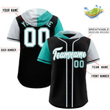 Custom Black Aqua and Silver Split Fashion Raglan Sleeves Authentic Baseball Hoodie Jersey