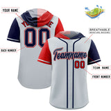 Custom Silver Red and Navy Split Fashion Raglan Sleeves Authentic Baseball Hoodie Jersey