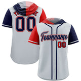 Custom Silver Red and Navy Split Fashion Raglan Sleeves Authentic Baseball Hoodie Jersey