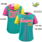 Custom Aqua Gold and Pink Split Fashion Raglan Sleeves Authentic Baseball Hoodie Jersey