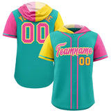 Custom Aqua Gold and Pink Split Fashion Raglan Sleeves Authentic Baseball Hoodie Jersey