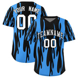 Custom Black Powder Blue Flame Pattern Authentic Pullover Baseball Jersey