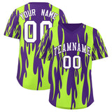 Custom Purple Neon Green Flame Pattern Authentic Pullover Baseball Jersey