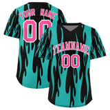 Custom Black Aqua Flame Pattern Authentic Pullover Baseball Jersey