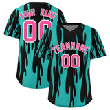 Custom Black Aqua Flame Pattern Authentic Pullover Baseball Jersey