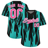 Custom Black Aqua Flame Pattern Authentic Pullover Baseball Jersey