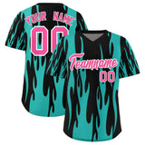 Custom Black Aqua Flame Pattern Authentic Pullover Baseball Jersey