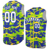 Custom Royal Neon Green and Gold Camo Fashion Authentic Sleeveless Baseball Jersey