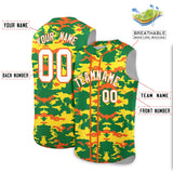 Custom Kelly Green Gold and Orange Camo Fashion Authentic Sleeveless Baseball Jersey
