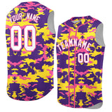 Custom Purple Gold and Pink Camo Fashion Authentic Sleeveless Baseball Jersey