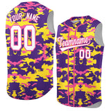 Custom Purple Gold and Pink Camo Fashion Authentic Sleeveless Baseball Jersey