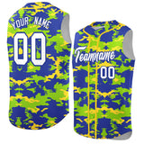 Custom Royal Neon Green and Gold Camo Fashion Authentic Sleeveless Baseball Jersey