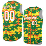 Custom Kelly Green Gold and Orange Camo Fashion Authentic Sleeveless Baseball Jersey
