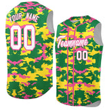 Custom Kelly Green Gold and Pink Camo Fashion Authentic Sleeveless Baseball Jersey