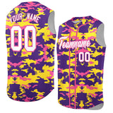 Custom Purple Gold and Pink Camo Fashion Authentic Sleeveless Baseball Jersey