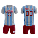 Custom Gray Light Blue Vertical Stripes Casual Outdoor Soccer Sets Jersey