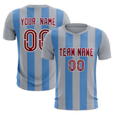 Custom Gray Light Blue Vertical Stripes Casual Outdoor Soccer Sets Jersey