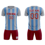 Custom Gray Light Blue Vertical Stripes Casual Outdoor Soccer Sets Jersey