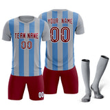 Custom Gray Light Blue Vertical Stripes Casual Outdoor Soccer Sets Jersey
