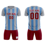 Custom Gray Light Blue Vertical Stripes Casual Outdoor Soccer Sets Jersey