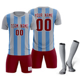 Custom Gray Light Blue Vertical Stripes Casual Outdoor Soccer Sets Jersey