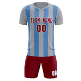 Custom Gray Light Blue Vertical Stripes Casual Outdoor Soccer Sets Jersey