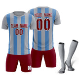 Custom Gray Light Blue Vertical Stripes Casual Outdoor Soccer Sets Jersey