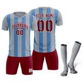 Custom Gray Light Blue Vertical Stripes Casual Outdoor Soccer Sets Jersey