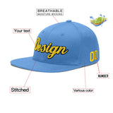 Custom Powder Blue Gold-Navy 3D Puff Embroidery Flat Embroidery Casual Sport Baseball Cap
