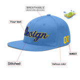 Custom Powder Blue Gold-Navy 3D Puff Embroidery Flat Embroidery Casual Sport Baseball Cap